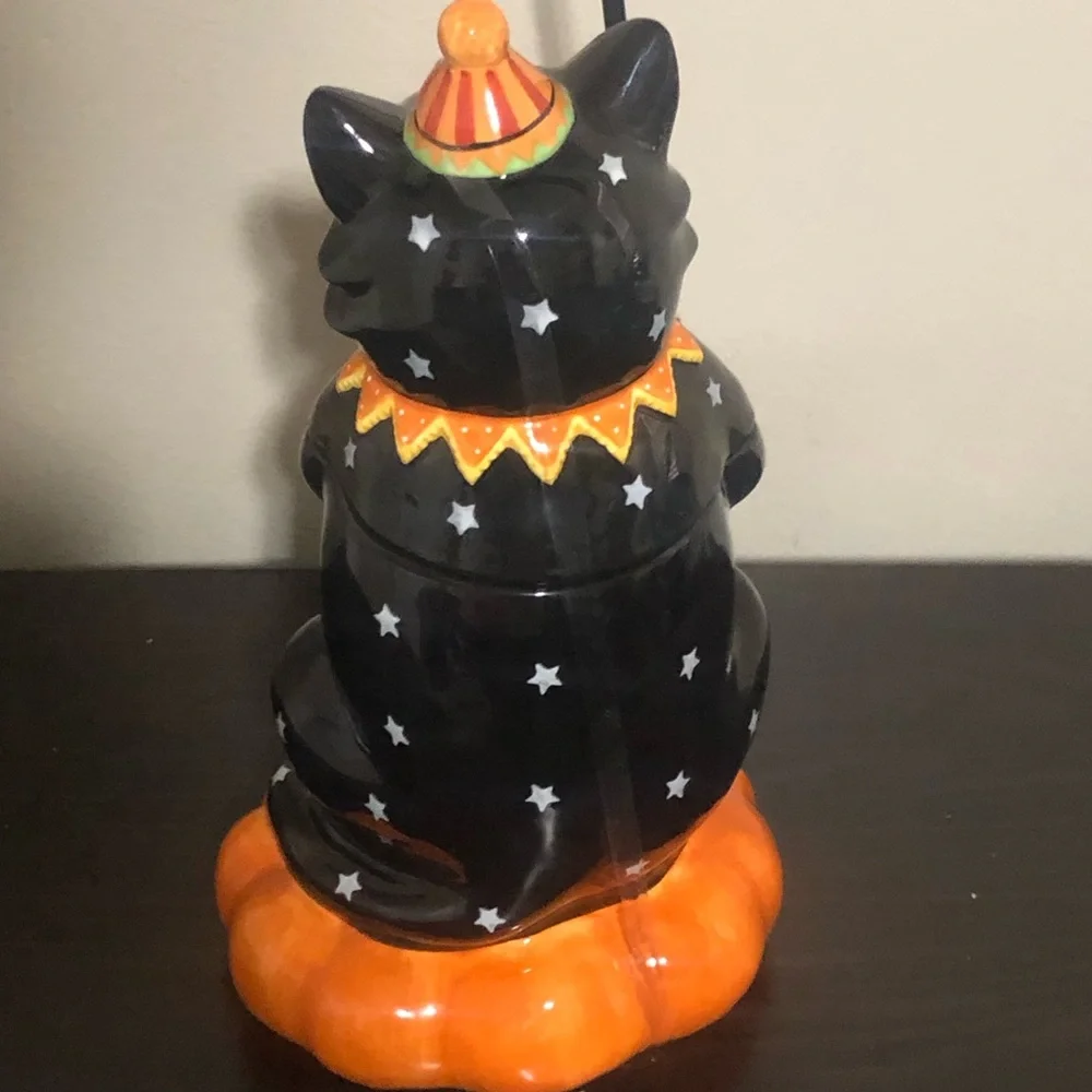 Blue Sky 12 in Ceramic Halloween Black Cat Cookie Jar with Lid Orange/White